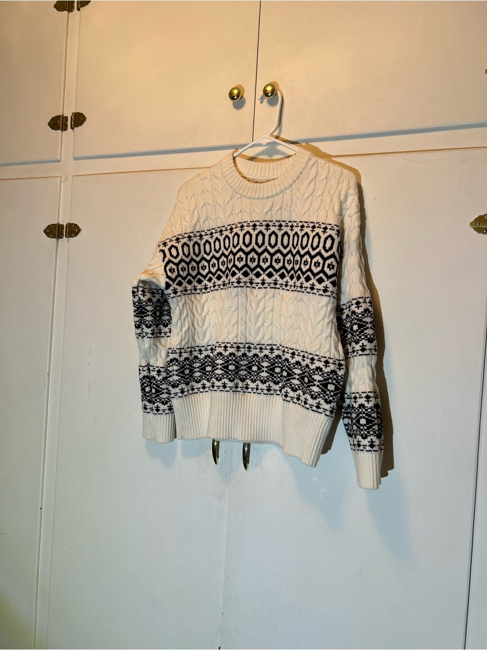 LOFT Cream and Black Fair Isle Cable Knit Crewneck Sweater - Women
